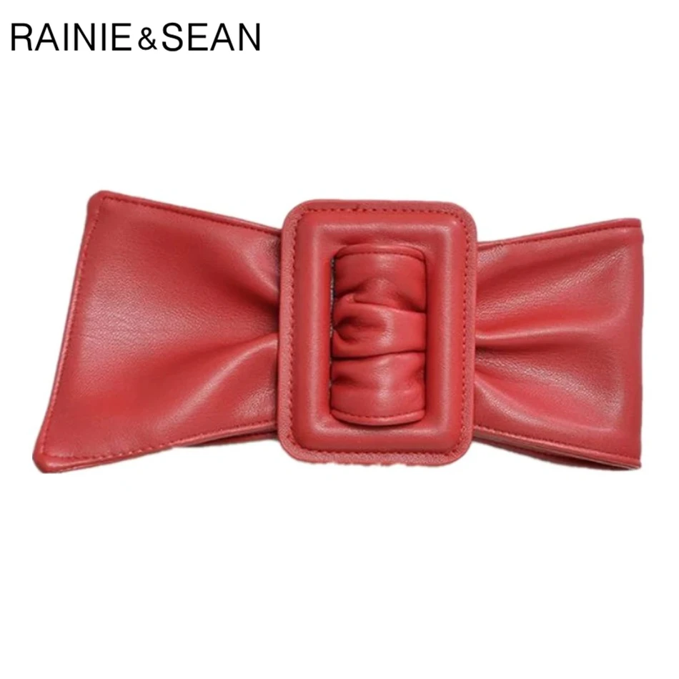 

RAINIE SEAN Red Women Wide Belts for Dresses Pu Leather Big Bow Cummerbund Ladies Fashion New Brand Solid Female Wide Waist Belt
