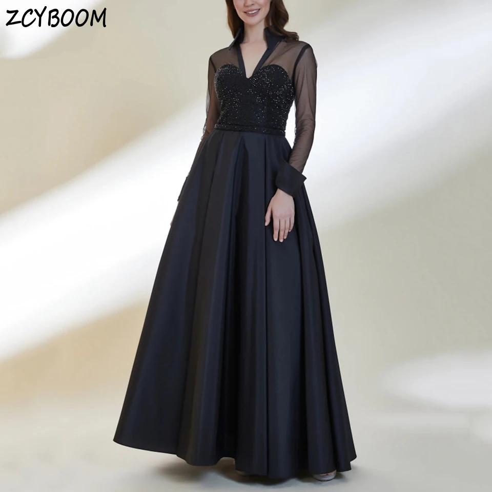 

Elegant Black V-Neck Sequin Open Back Long Sleeves Evening Dress 2025 A-Line Floor Length Stain Custom Made Zipper Prom Dress