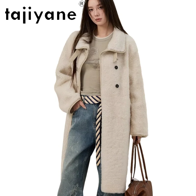 

TAJIYANE 100% шерсть мериноса с натуральным мехом, женская длинная куртка, зимняя одежда, женская шуба 2026