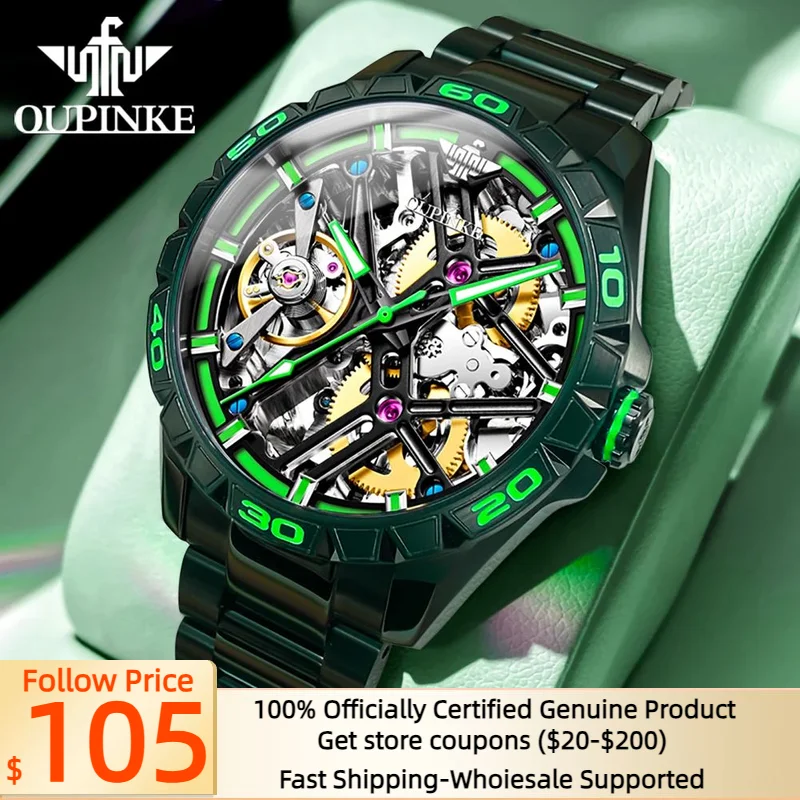 OUPINKE 3196（Special Offer）Automatic Mechanical Watch for Men Waterproof Sapphire Mirror Full Skeleton Large Dial Man Wristwatch