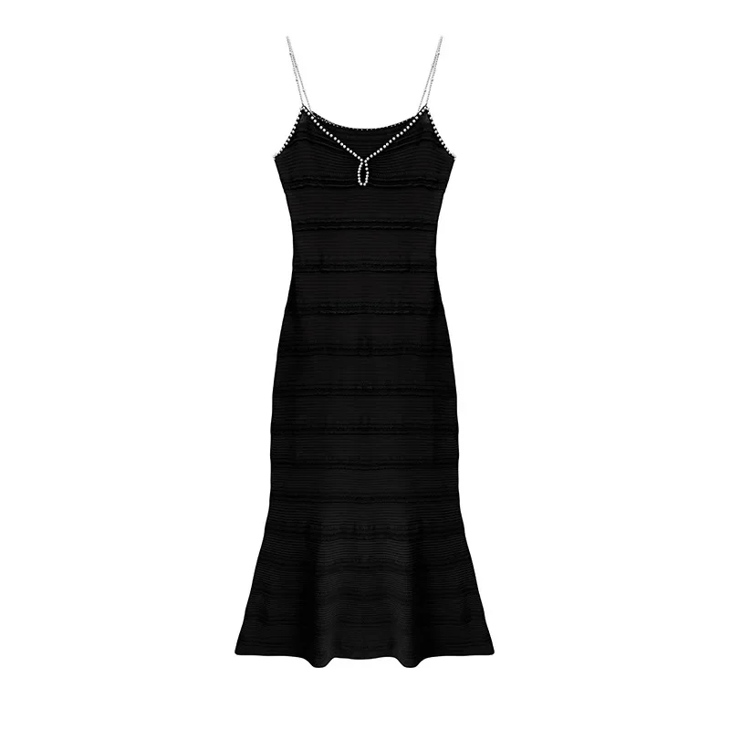 Vestido feminino preto sexy com suspensório, sem mangas, malha, decote em V, elegante, midi