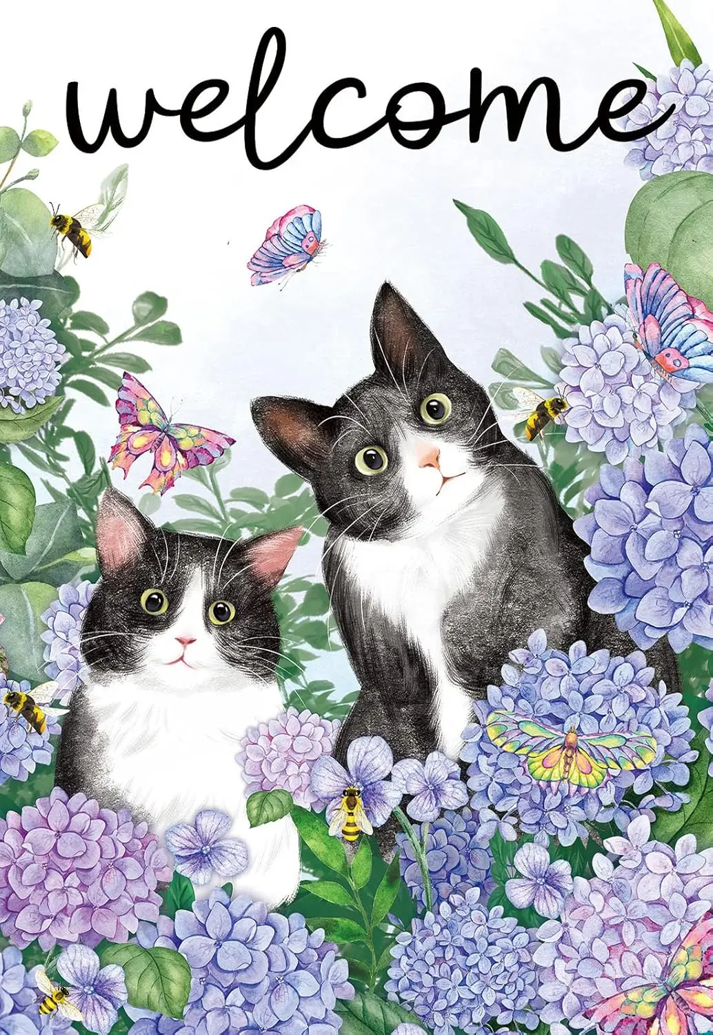 Флаг для дома Texupday с милым котёнком и гортензией, 28 x 40 дюймов, уличный декор для весны и лета, с цветочным узором и бабочками AH EEN WZZ