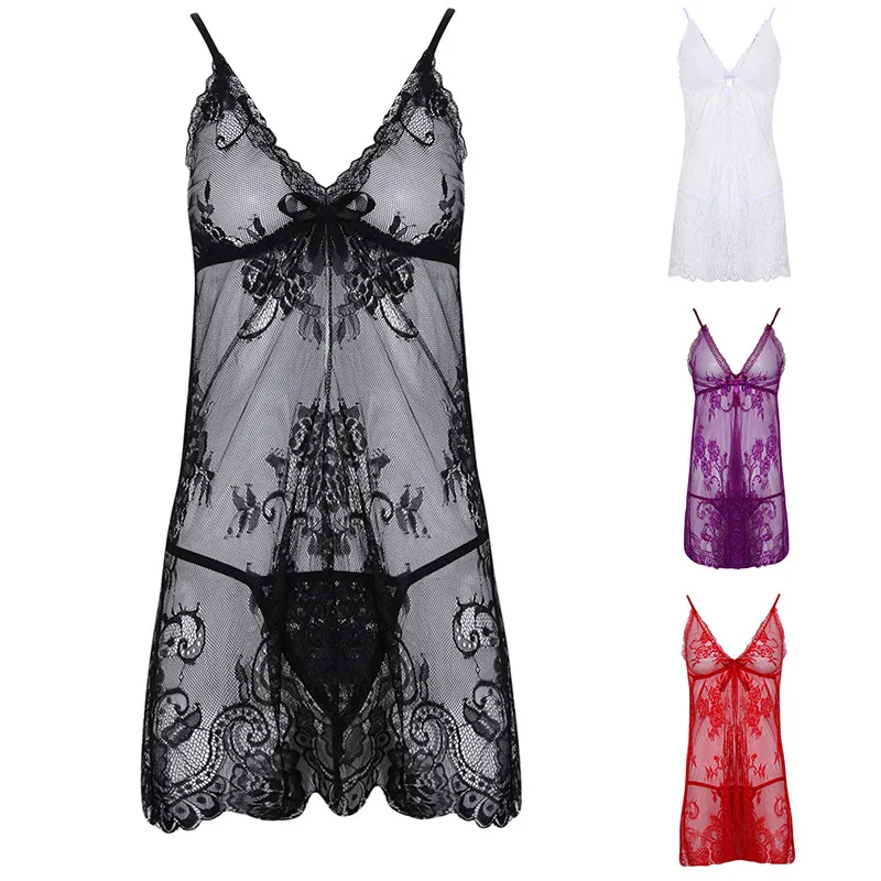 Lencería Sexy para mujer, vestido de noche, camisón de encaje Push-Up, erótico, Floral, transparente, novedad