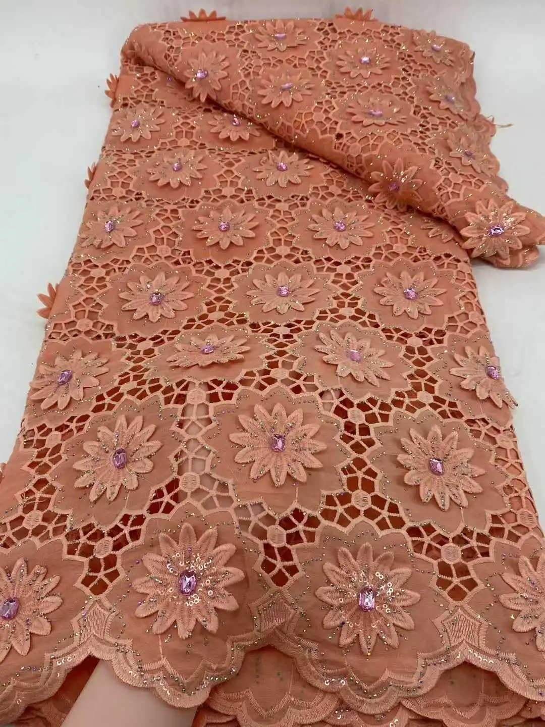 African Guipure Lace Fabric 2025 High Quality Sequins stones 5 Yards Embroidery Nigerian Cord Lace Fabric For Evening Party Dres