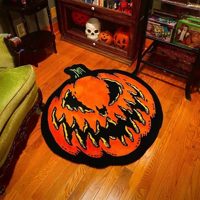 VIKAMA Halloween Pumpkin Shaped Rug Non‑Slip Scary Face Floor Mat Novelty Irregular Decor Rug for Living Room Indoor Home Decor
