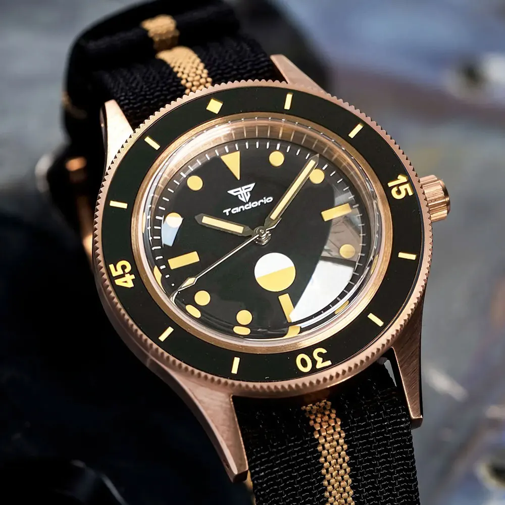 Tandorio Vintage CUSN8 Real Bronze Automatic Diving Watch Men NH35 PT5000 Sapphire 20BAR Waterproof Lume Mark Ceramic Insert