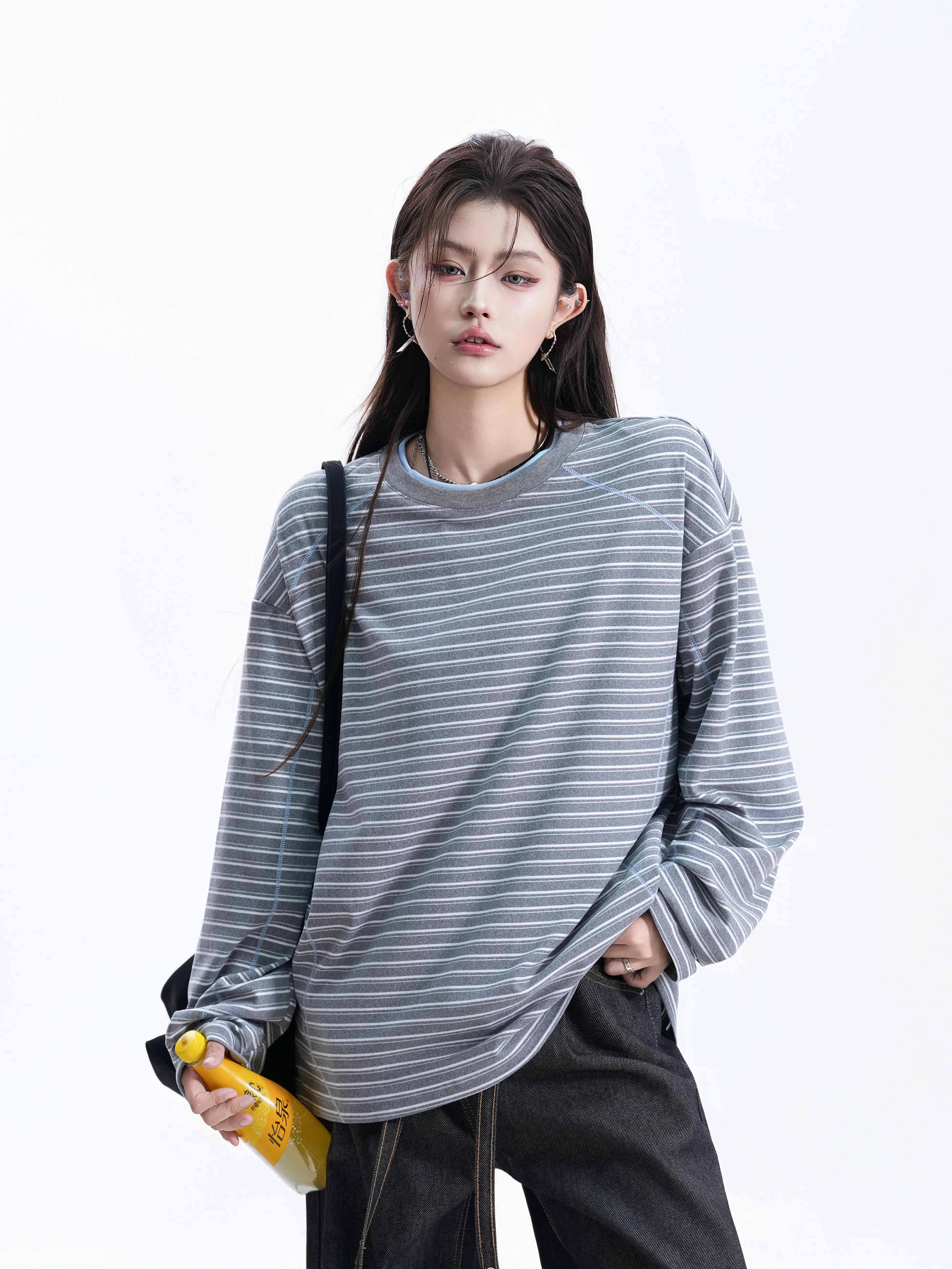 Loose Long Sleeve Striped T-Shirt Women's Lazy Shoulder Style Casual Basic Top for Couples American Retro Ball Pattern