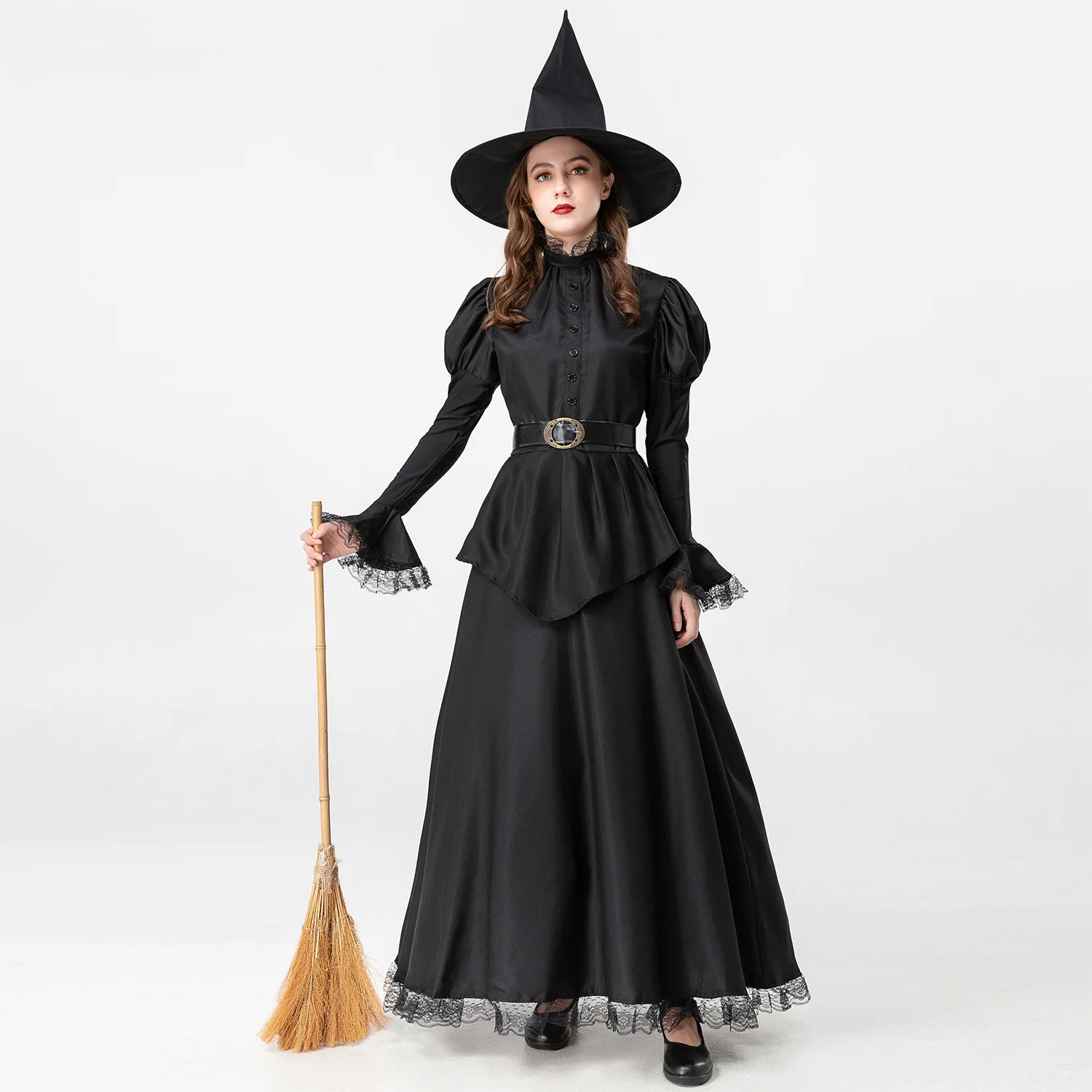 Vestido negro de Halloween, traje de juego de bruja, escoba, espectáculo de escenario