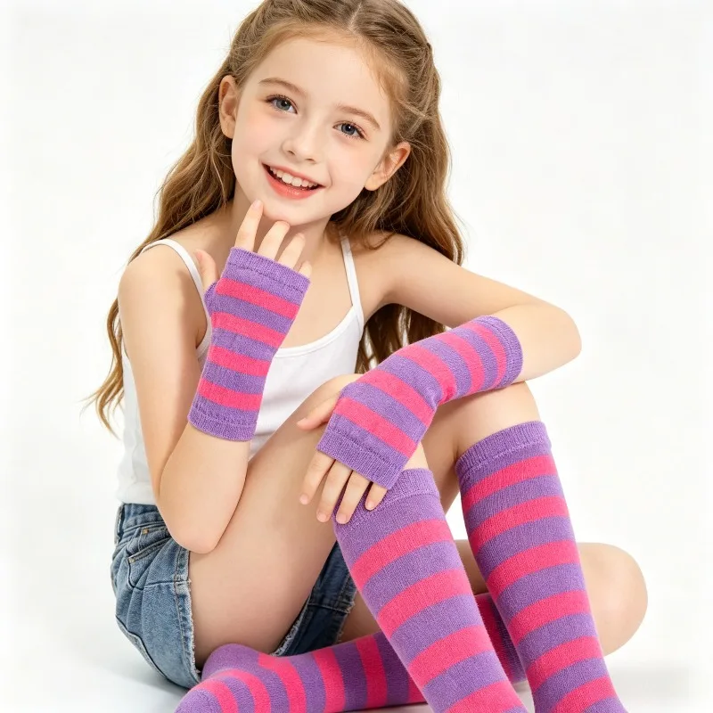 Knitted Striped Fingerless Arm Sleeve Warmers Over Knee Socks Matching Combo, Stretchy Dance Costume Leg And Arm Accessories