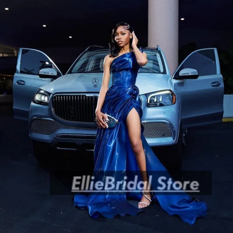 Royal Blue Flowing Satin Evening Dress For Nigerian Girls Luxurious Party Dresses High Split Mermaid Evening Gowns Customized