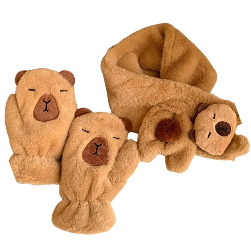 Plush Capybara Winter Accessory Gloves and Scarf 2in1 Set for Cold Weather Dropship