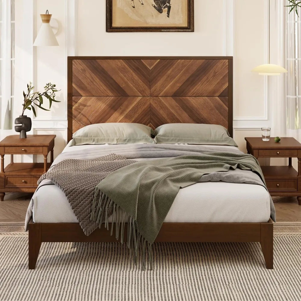 

Wooden Platform Bed, Medieval Modern Bedstead, with Plank Support, No Spring Mattress, Large Size, Walnut