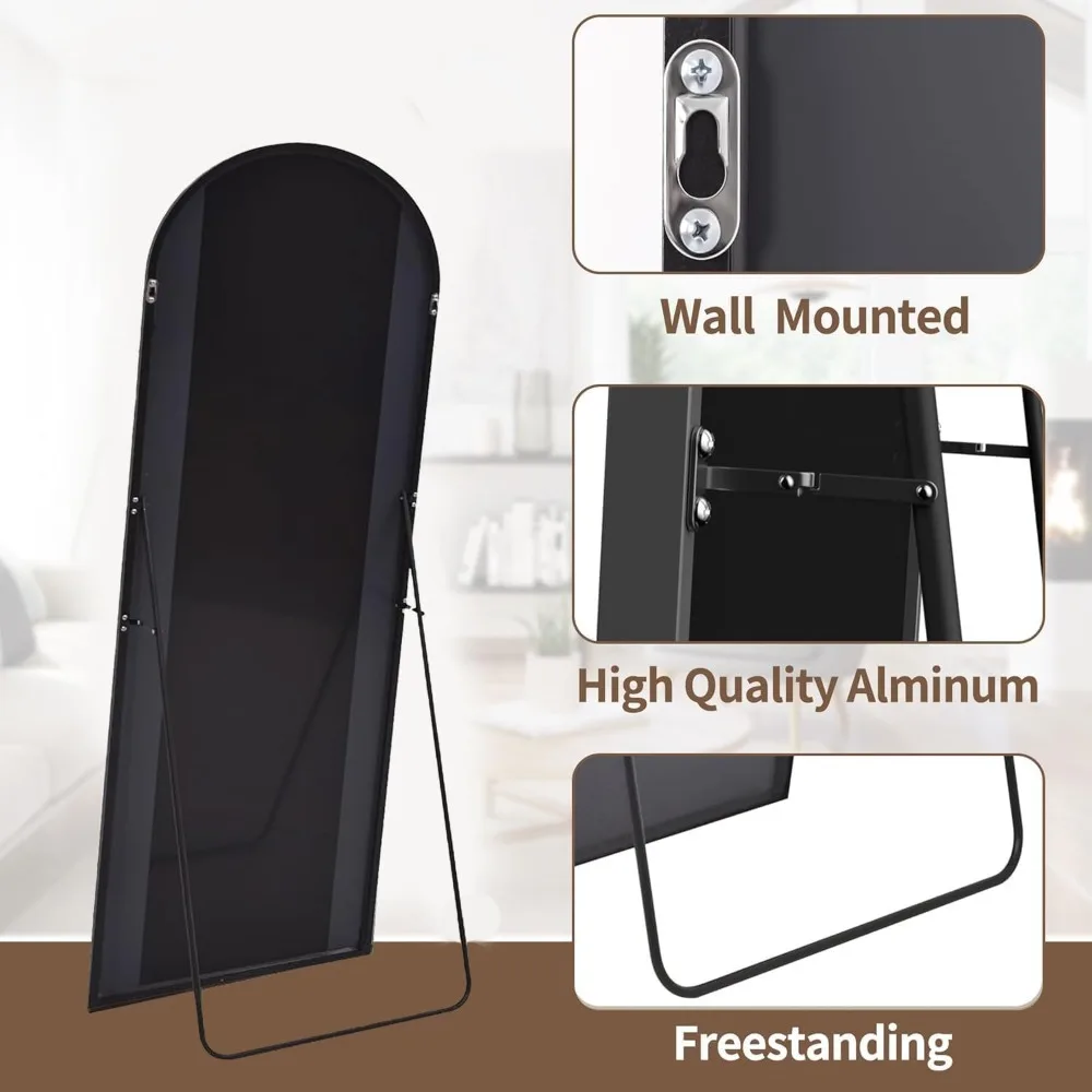 Espelho de corpo inteiro arqueado 56x20 polegadas, espelho de chão preto, inclinado ou montado na parede, opção de suspensão, espelho grande para casa