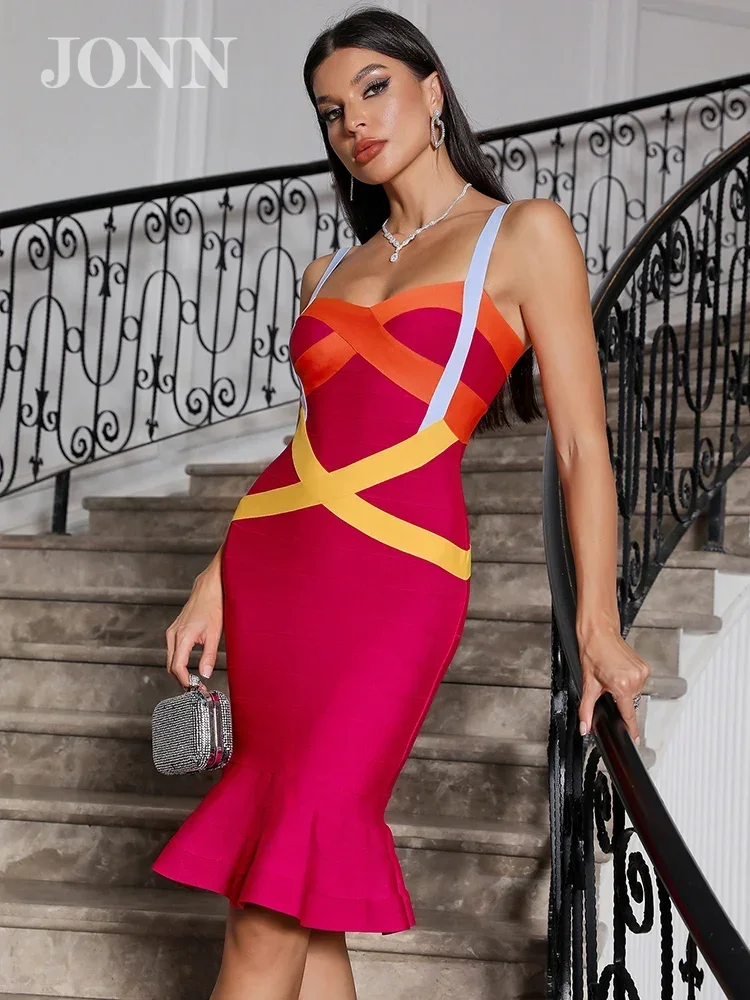 

JONN Pink Sexy Spaghetti Strap Patchwork Bandage Dress Women Sleeveless Contrast Color Bodycon Dress Trumpet Evening Party Gown