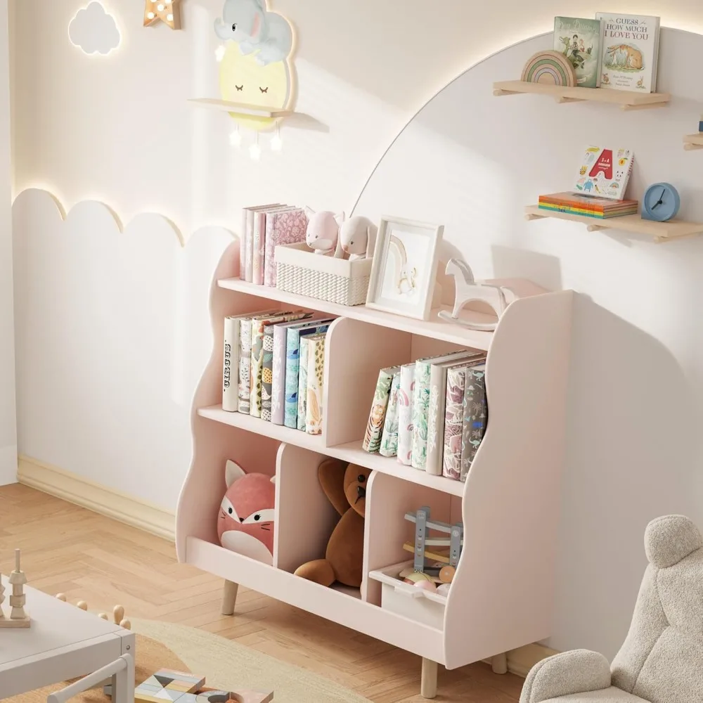 رف كتب خشبي منحني للأطفال مكون من 3 طبقات ومنظم ألعاب مع 5 مكعبات تخزين