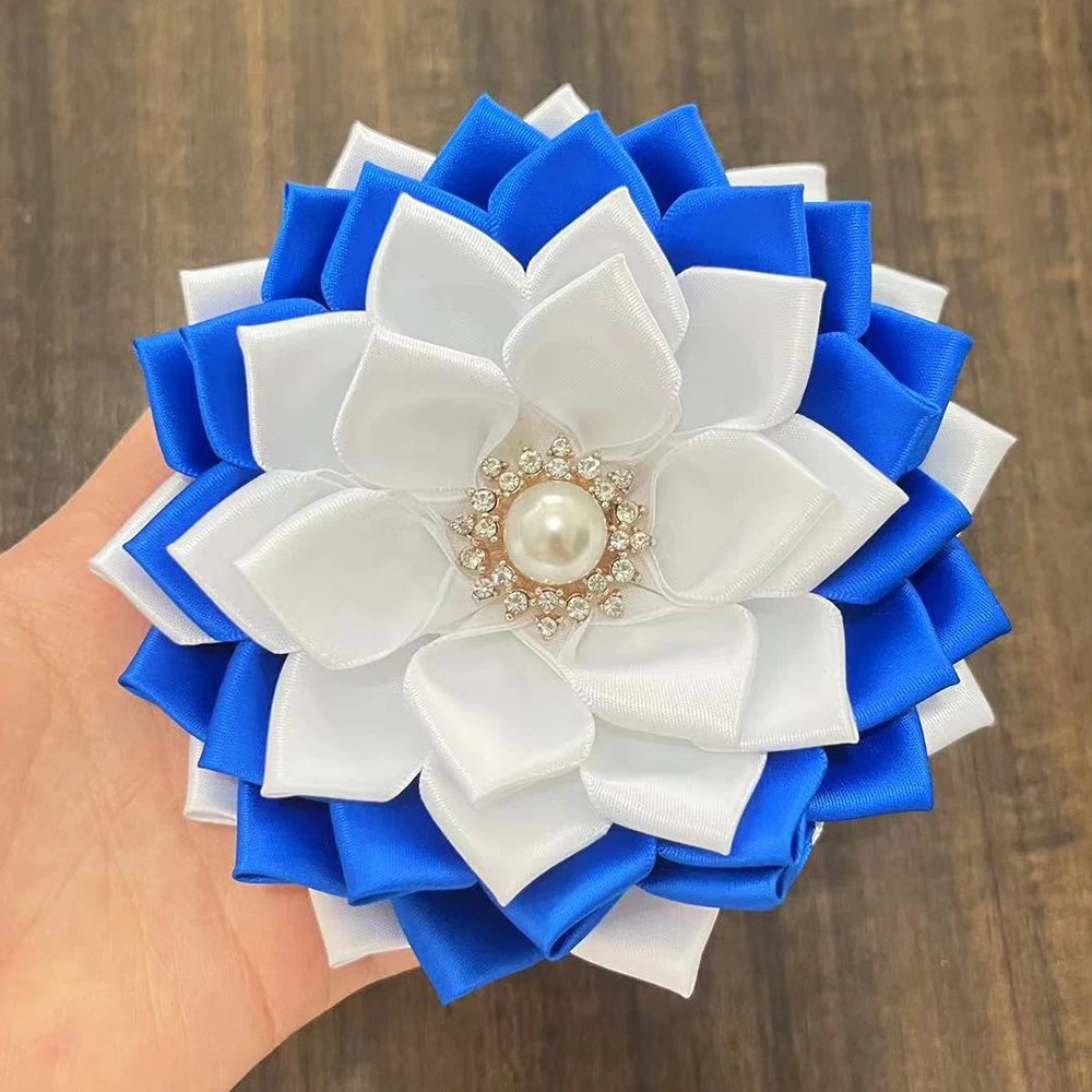 

blue white Satin RIbbon Layer petal flower brooch