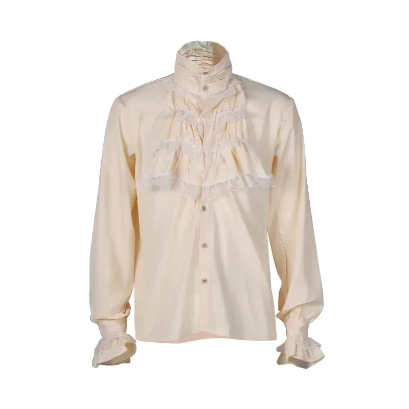 قمصان وبلوزات من عصر النهضة الفيكتورية لمصاصي الدماء للرجال بلون أسود وأبيض على الطراز القوطي مكشكشة وياقة ثابتة بلوزة من القرون الوسطى شير