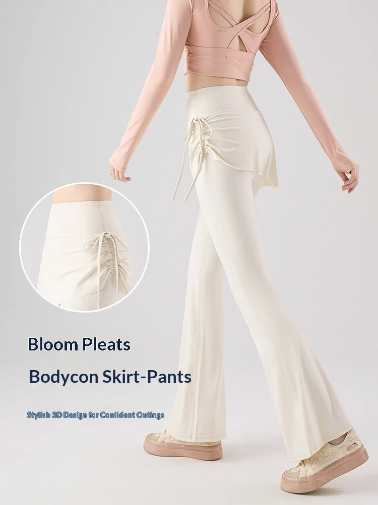Women‘s Drawstring Yoga Pants High Waisted Butt Lifting Flared Pants Fake Two Piece Skirt Leggings Anti-Exposure Pilates Fitness