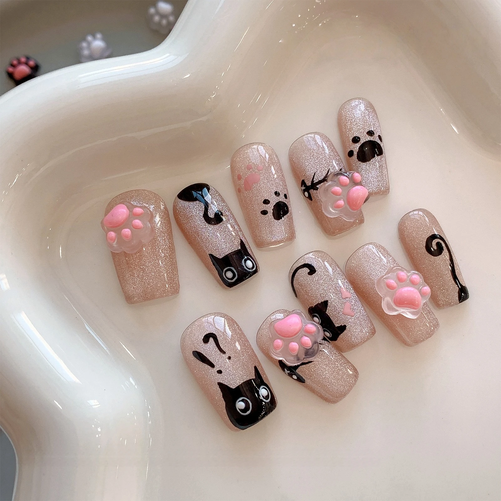 20 pçs bonito dos desenhos animados mini gato pata encantos acessórios da arte do prego 3d semi transparente fundo plano strass decoração do prego suprimentos