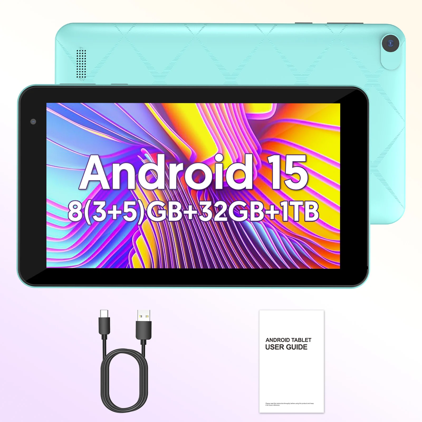 7-Zoll Android 15 Tablet, 8GB (3+5) RAM, 32GB Speicher, 3500mAh Akku, HD 1024x600 IPS Display, Dual-Kameras, WLAN, Bluetooth