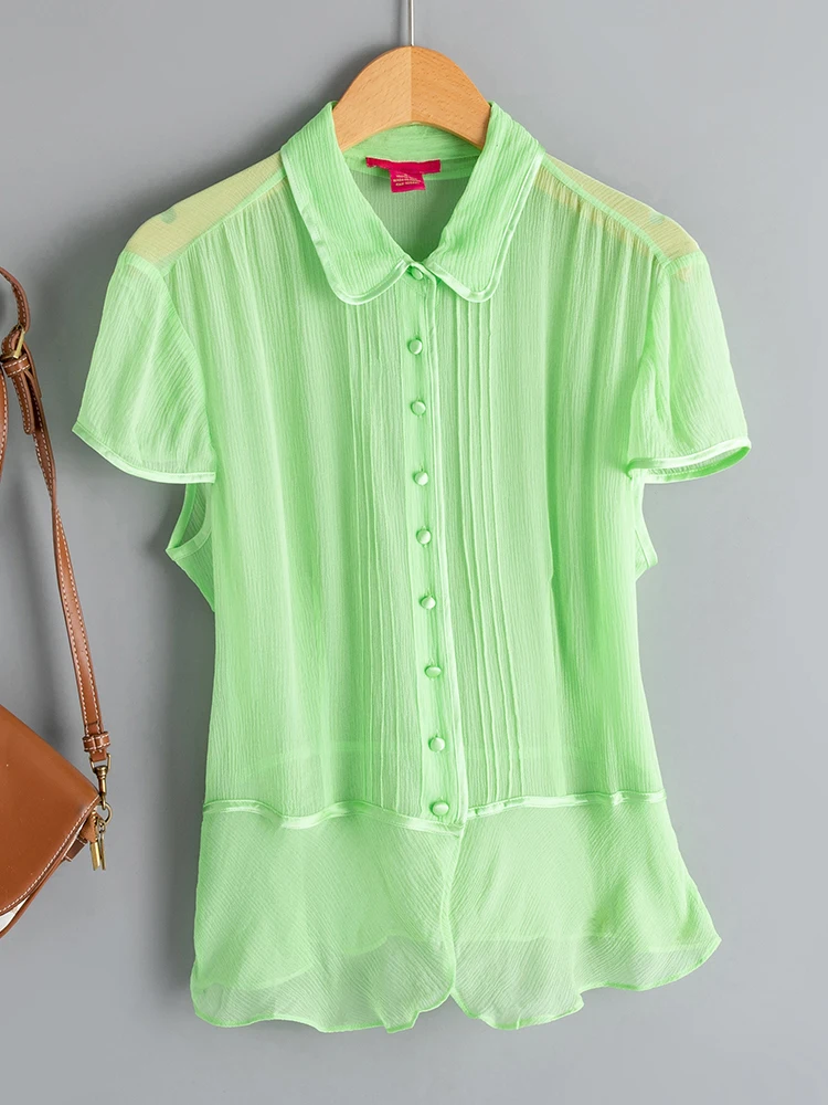 

New style silk chiffon short sleeved lapel single breasted shirt