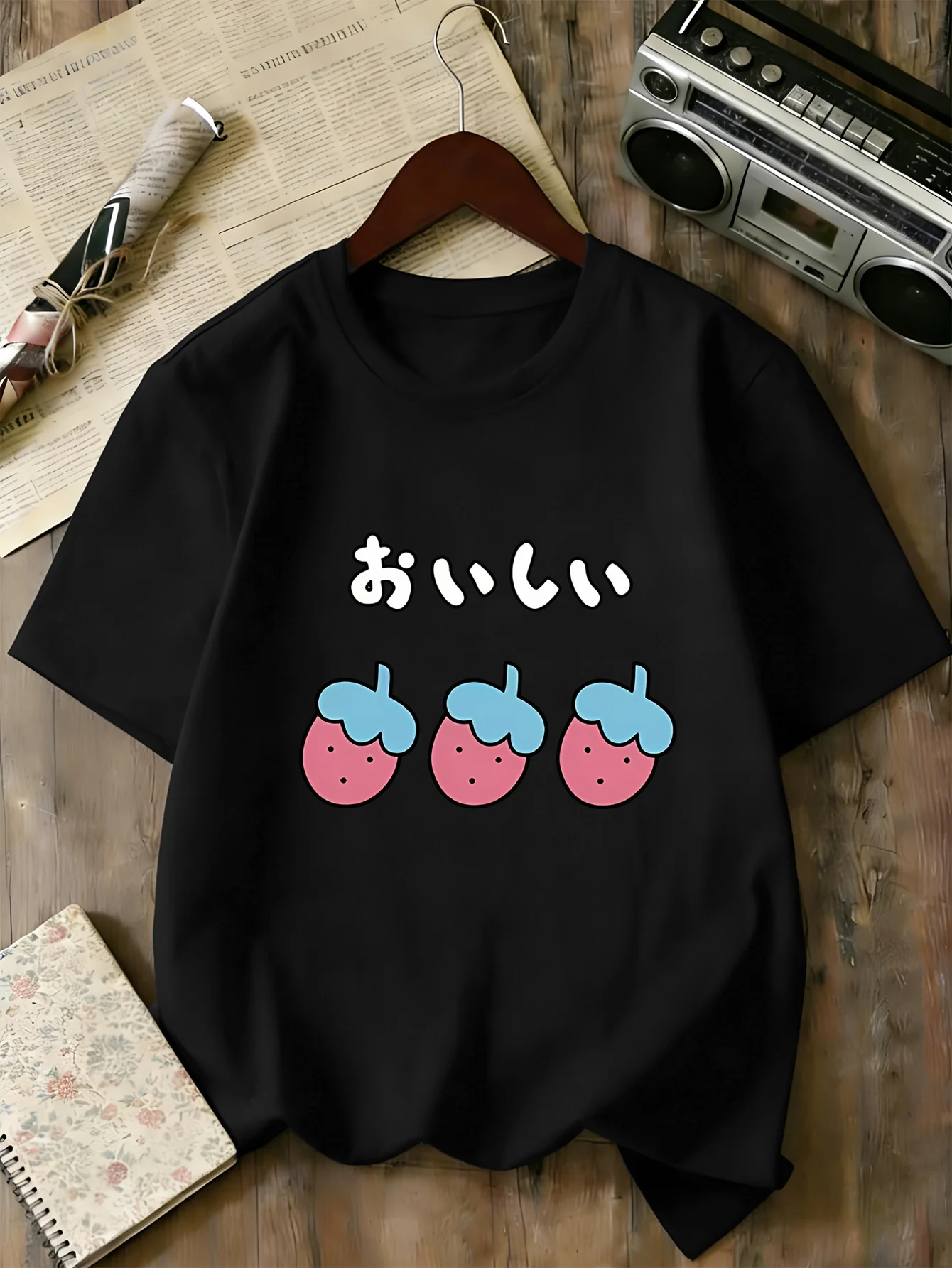 Kids Family Matching T Shirt Kawaii Strawberries Japanese Text Print Short Sleeve Cotton Tops For Boys Girls Daily Casual Outfit