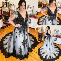 Black A Line Bride Dresses Simple Lace Applique Wedding Dresses for Woman Deep V-Neck Sleeveless Wedding Dress Vestidos De Novia