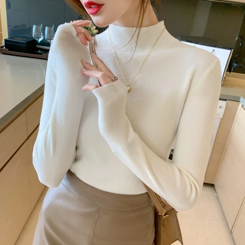 Zjaiss Women Fashion Stretch Tops Autumn Winter Turtleneck Sweater Women Knitted Pullovers Long Sleeve Slim Versatile Sweaters