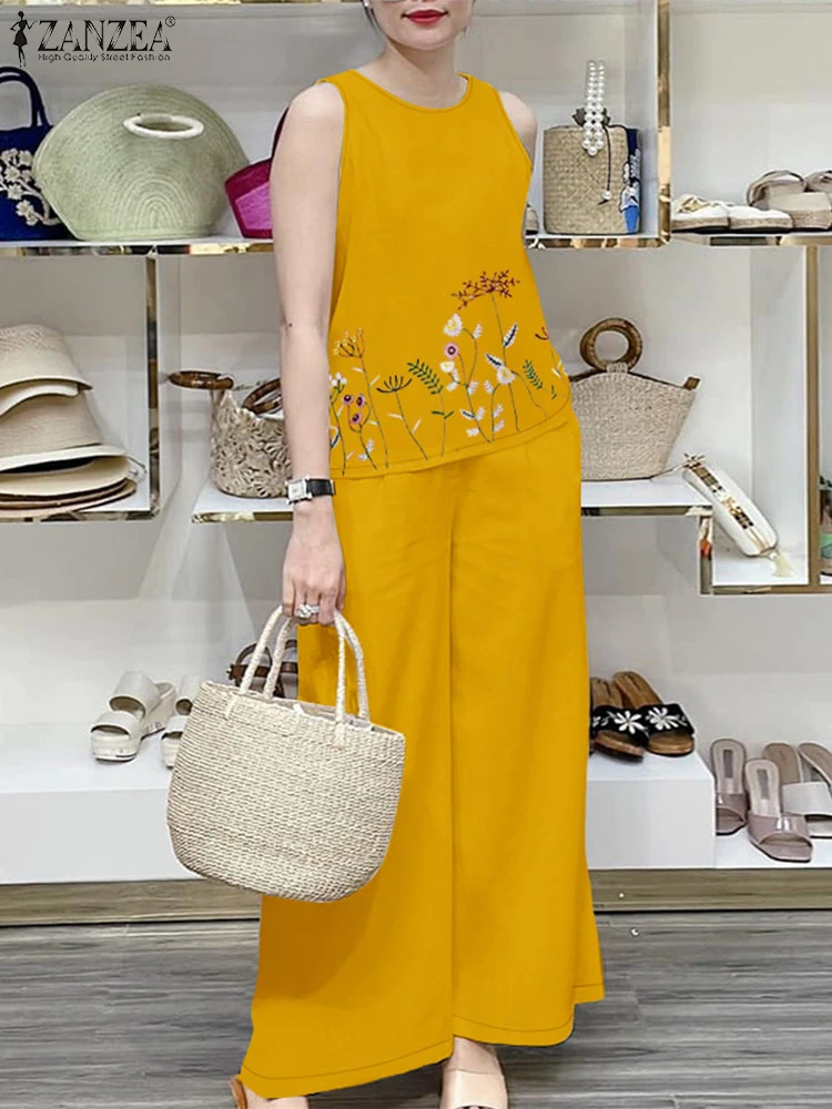 

2PCS Fashion Sleeveless Tanks Tops Pant Sets ZANZEA 2025 Summer Women Work Matching Sets Elegant Work OL Tracksuits Loose Outfit