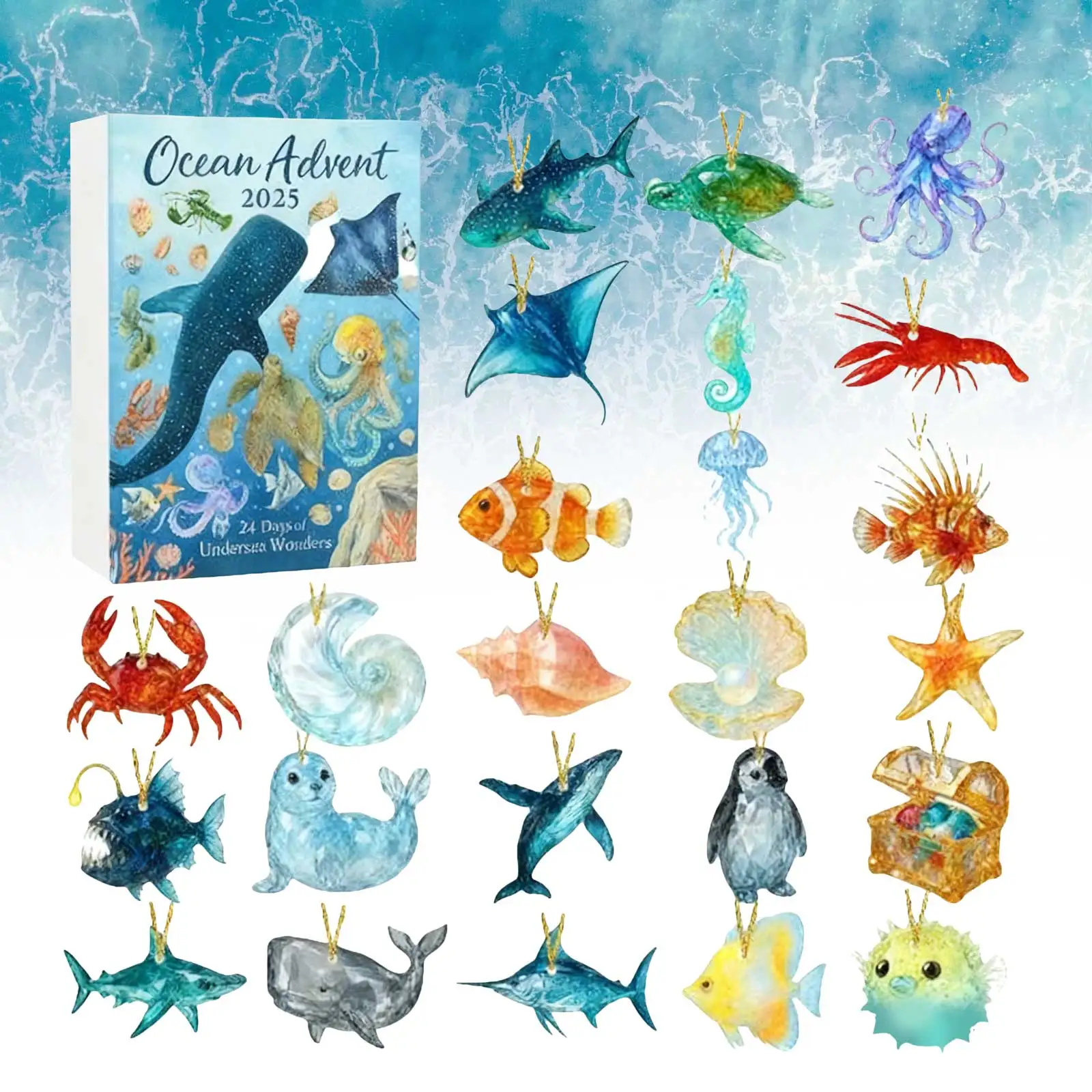 Kalendarz Adwentowy Timer Kids Games 2025 ze szkła morskiego · Ocean 24 dni z motywem oceanu, świąteczne niespodzianki, kalendarz odliczający do świąt z makijażem 2D