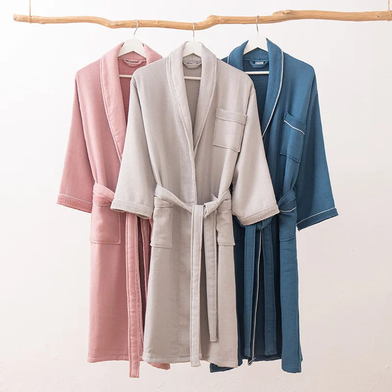 100% Cotton Waffle Terry Kimono Bathrobe Home Dressing Gown With Belt Long Sleeves Autumn Winter Thick Soft Sleepwear Pyjamas