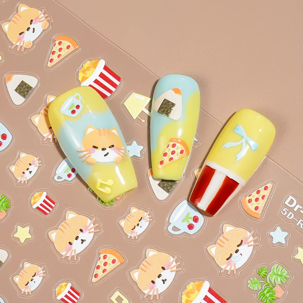 1/5/10 قطعة 5D تنقش لطيف الحيوانات الأليفة القط مسمار ملصقات Kawaii الغذاء ستار القوس الشارات النساء DIY بها بنفسك مانيكير ذاتية اللصق ديكور مع الملقط