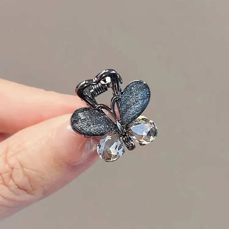 Schwarzer Kristall-Schmetterling, kleine Haarklammer für Damen, Stirn-Pony, seitlicher Clip, niedliche Haarspange, Prinzessinnen-Kopf-Top-Clip, Haar-Accessoires