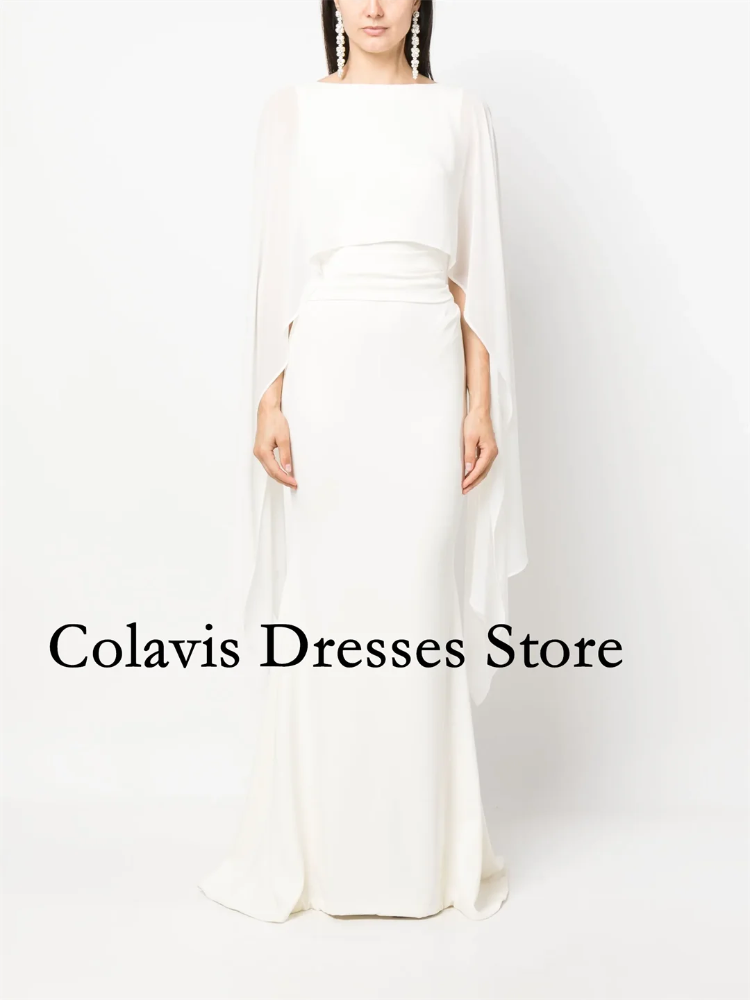 

2025 Customized O-Neck Ivory Flare Sleeves Crepe Prom Dresses Evening Dress Women Evening Gowns Formal Party Dress