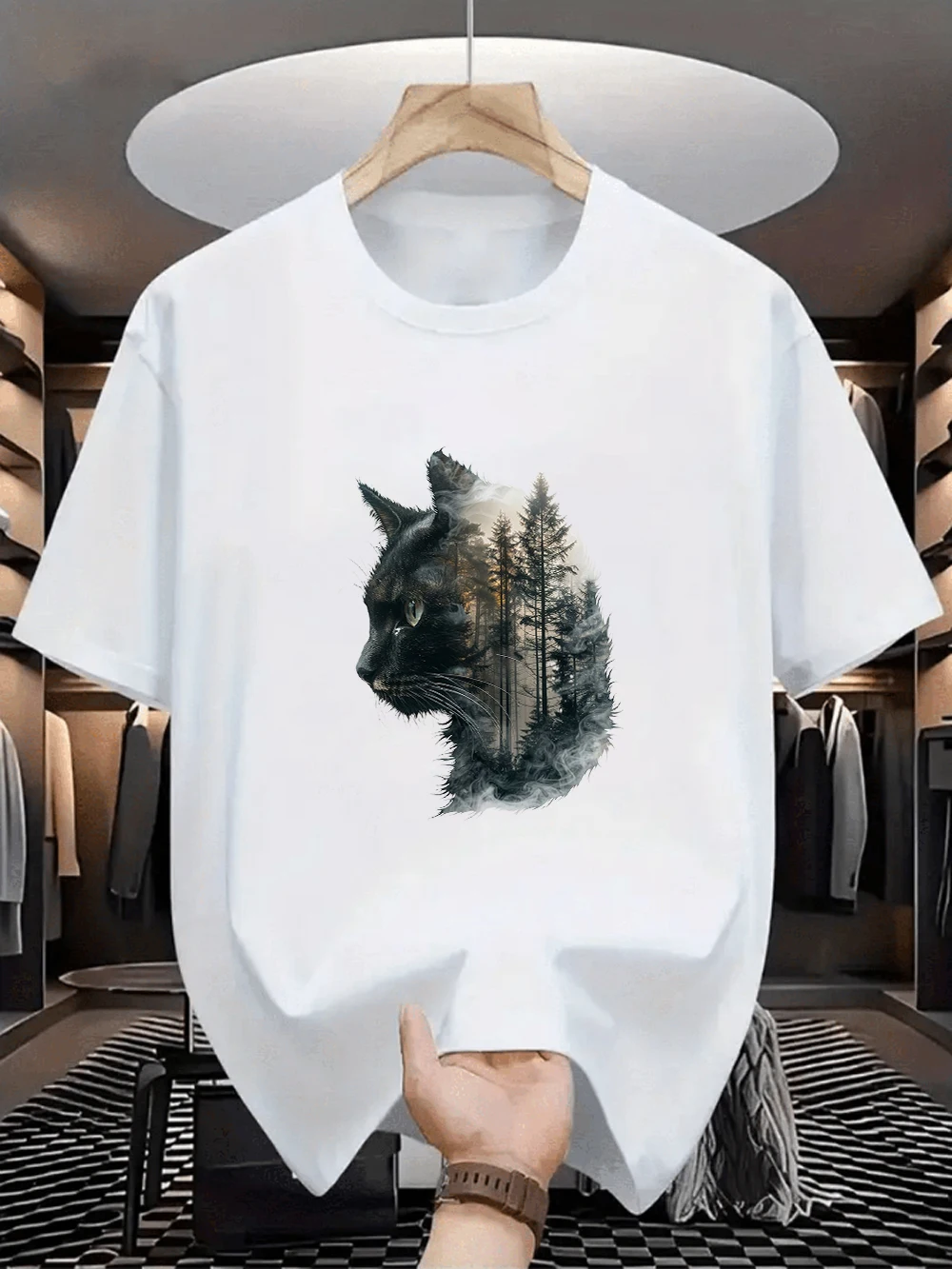 Oversized White Double Exposure Cat Forest Graphic Print Short Sleeve T-Shirt, Loose Crew Neck Tee for Nature and Cat Lovers