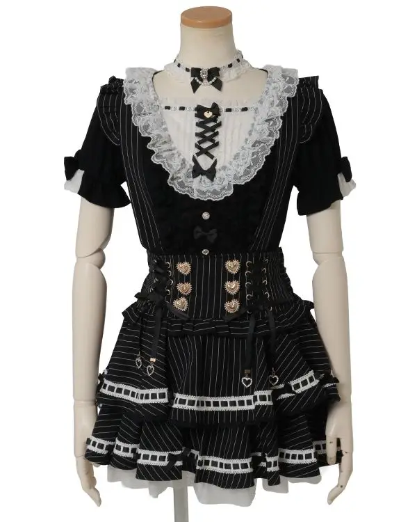 Women Sweet Lolita Suspender Skirt Vertical Stripe Heart Metal Decor Corset Lace‑Up Tiered Ruffle Mini SK