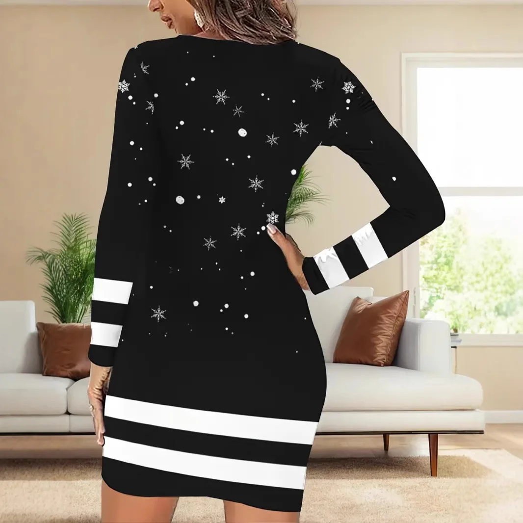 New women's sexy Christmas dress, fashionable printed long sleeved, slim fit, suitable for autumn Christmas