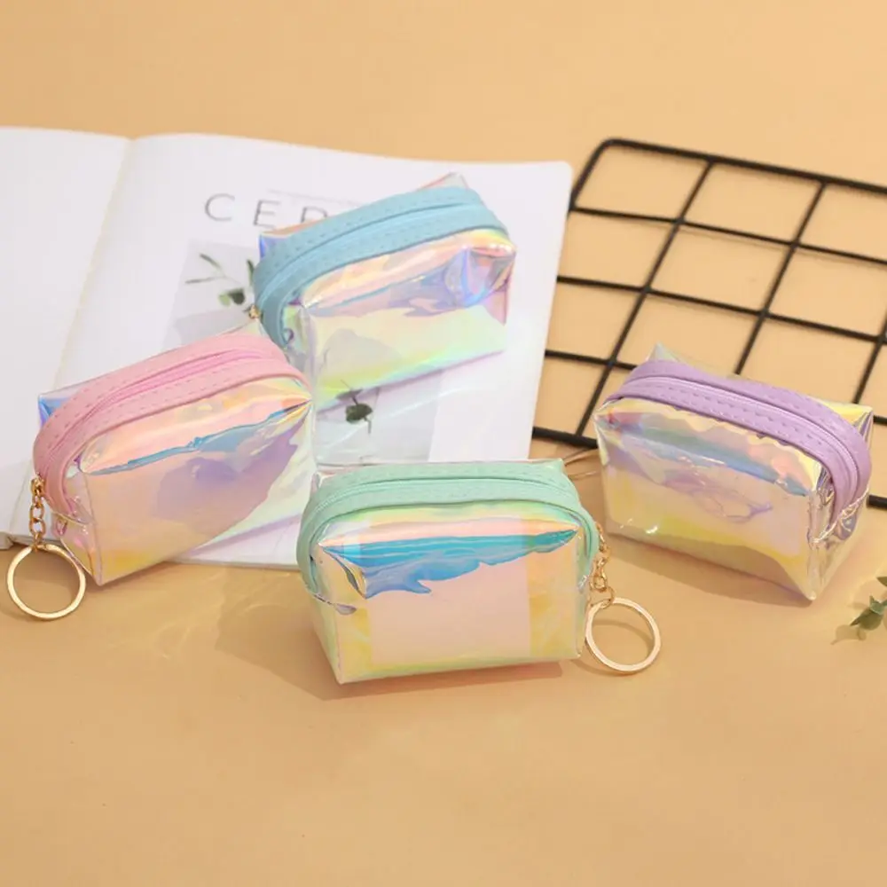 Holographic Mini Coin Purse Pastel Color Waterproof Transparent PVC Wallet Portable Zipper Mini Keychain Bag Spot Wholesale