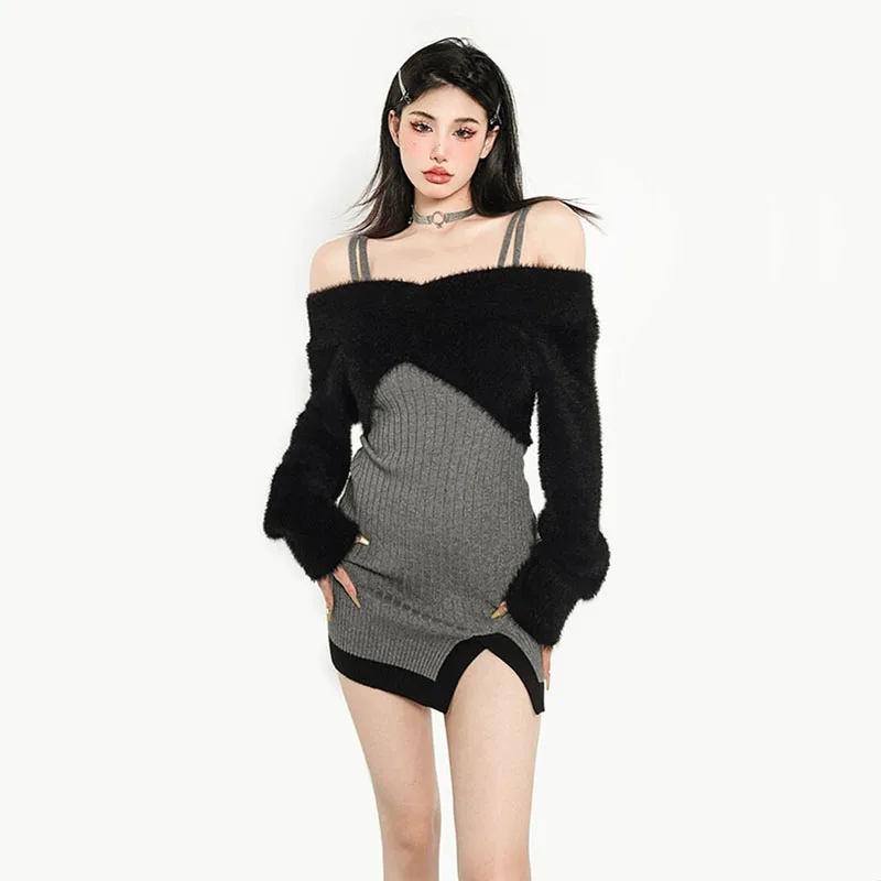 2024 Autumn Y2k Two Peices Set Sexy Elegant Long Sleeve Sweater Pullovers + Women Knitted Split Mini Dresses Female Cute Vestido