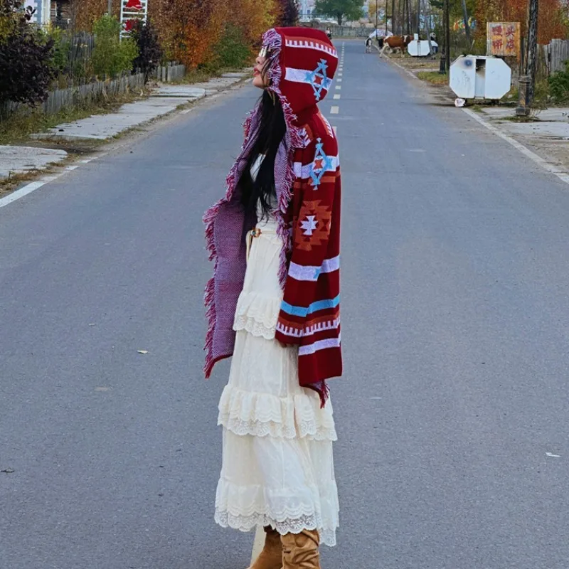 여행용 민족풍 여성 니트 스웨터 코트 레이스 스커트 롱 스웨트 루즈핏 스트리트 스타일 가을 봄 벨벳