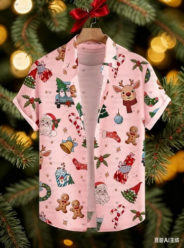 Imagen 2 del producto Camisa de manga corta con solapa y estampado gráfico para hombre de estilo navideño, camisas informales con botones para uso diario en verano