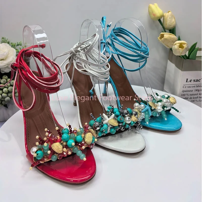 Blue Starfish Shell Pearl Bead Decor Lace Up Sandals Women Patent Leather Slingback Thin High Heels Fashion Beach Vacation Heels