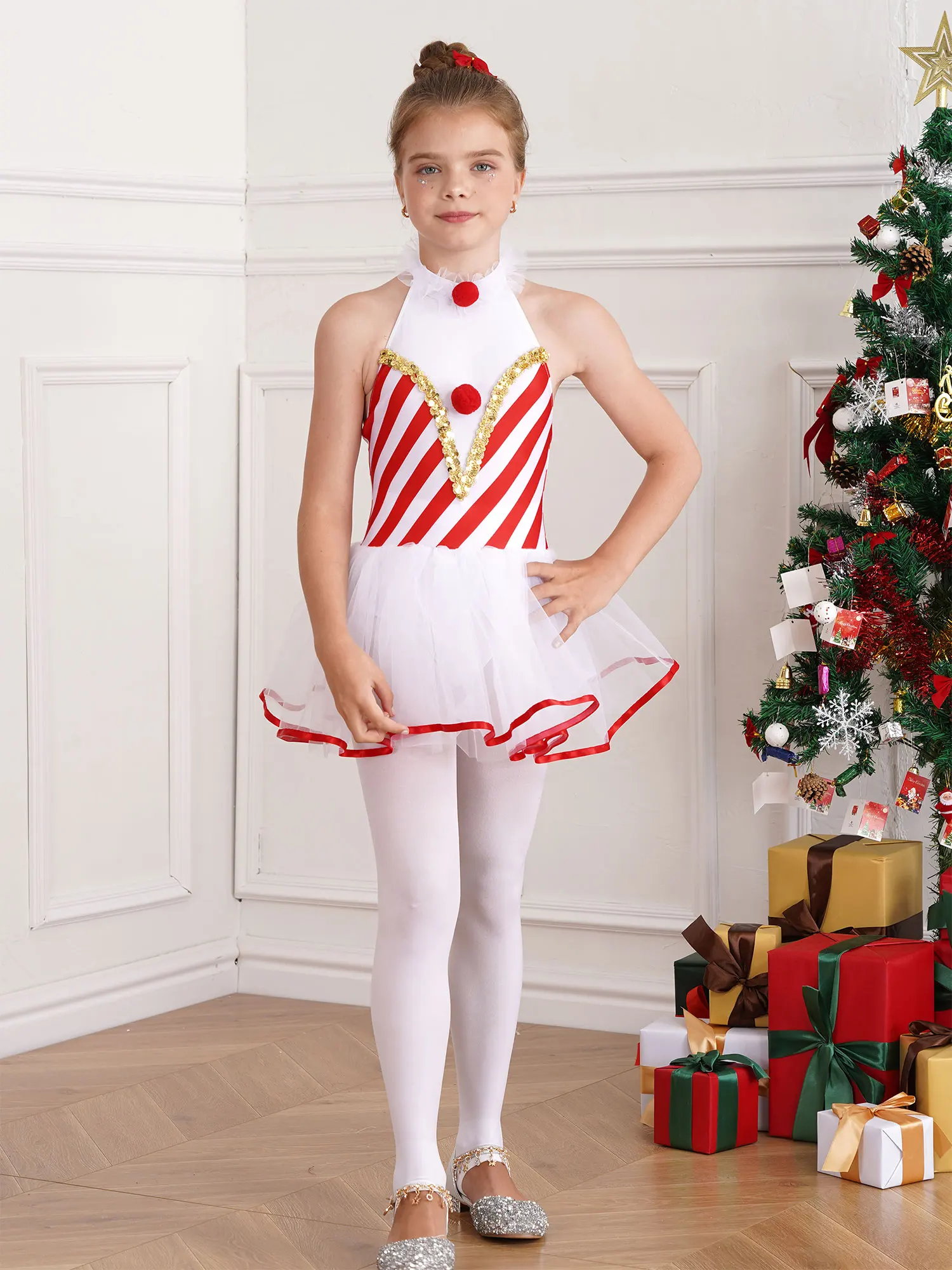 Bambini Ragazze Natale Canna di Caramella Vestito Natale Carnevale Circo Costume Cosplay Senza Maniche A Righe Balletto Pattinaggio di Pattinaggio Body Tutu