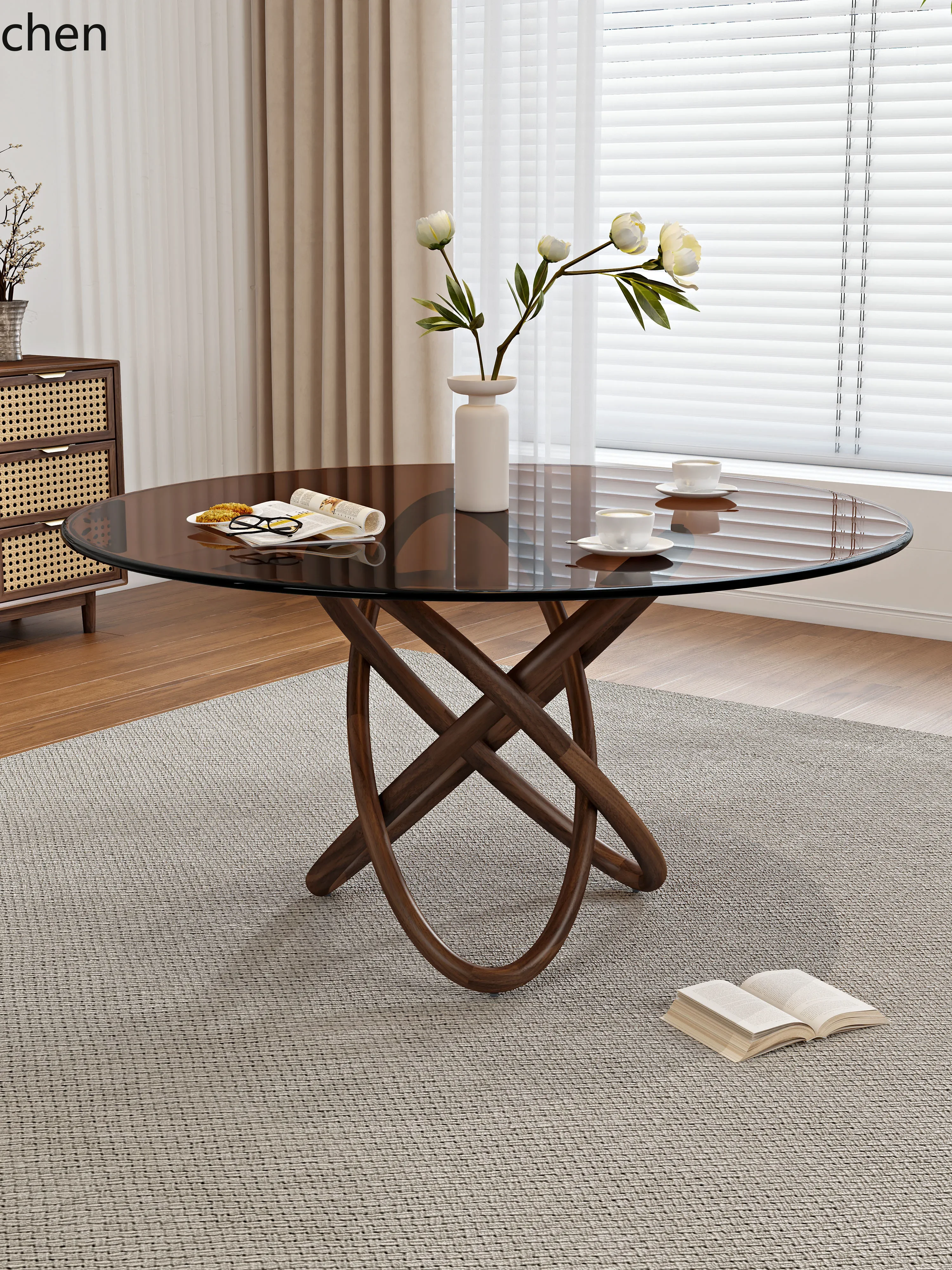 W5.19 Solid Wood Household Glass Dining Table and Chair Set with Rotating Dining Table