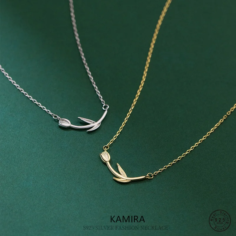 

KAMIRA Real 100% 925 Sterling Silver Beautiful Tulip Necklace for Women Elegant Sweet Collarbone Chain Girls Fine Jewelry Gifts