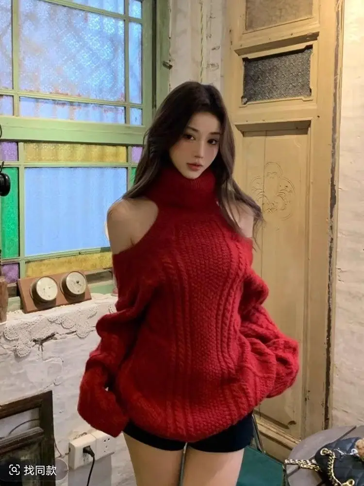 

Gagarich Red High Collar Off Shoulder Sweater Women Autumn Winter New Collection Retro Lazy Style Loose and Slim Knitted Top