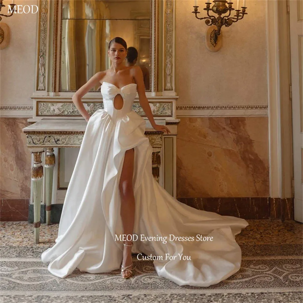 

MEOD White Sweetheart A Line Bridal Gown Sleeveless High Slit Satin Wedding Dress Backless Long Train Robes De Soirée Customized