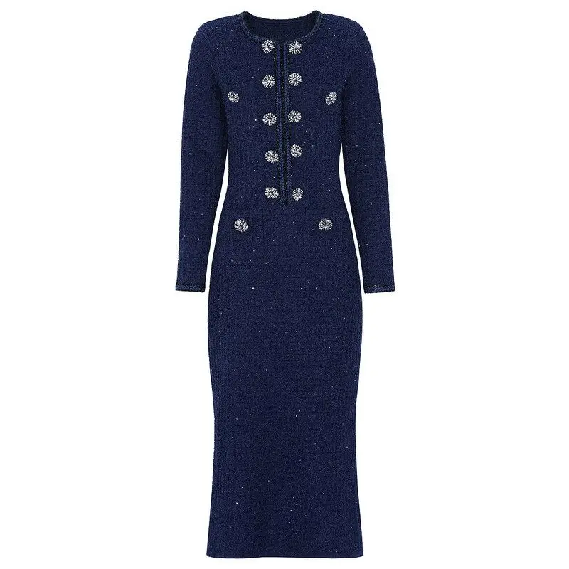 

Elegant High Quality Fashionable Knitted Sequin Dress Luxury Style Midi Length Sleeve Long round Neckline Bodycon Fit Women's...