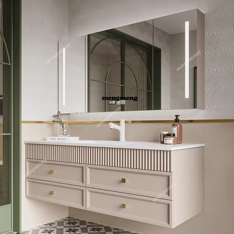 American cream wind rock slab seamless ceramic integrated wash basin bathroom cabinet combination solid wood wash table