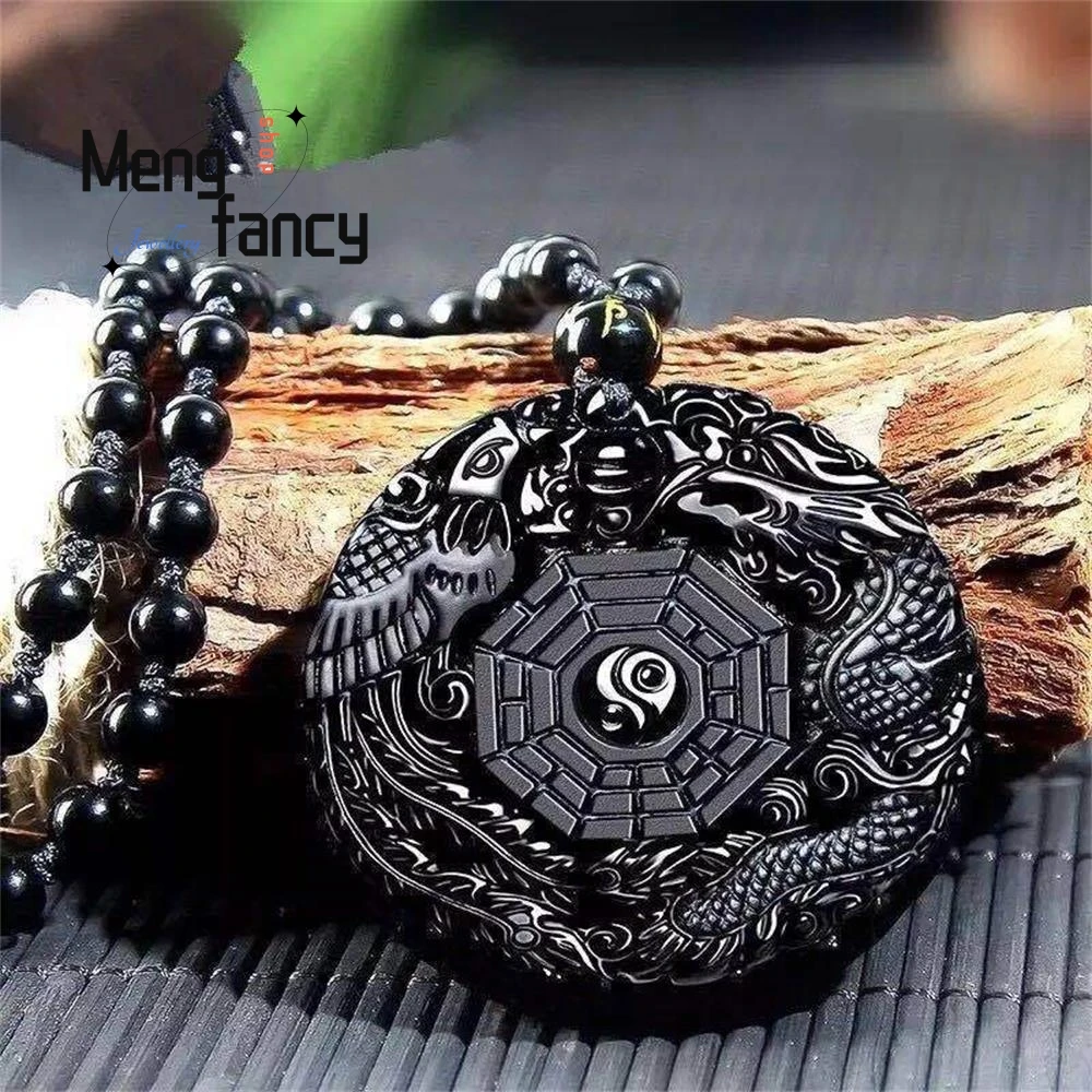 

Natural Black Obsidian Carving Dragon Phoenix BaGua Amulet Customized Pendant Charm Fashion Luxury Mascot Men Women Fine Jewelry